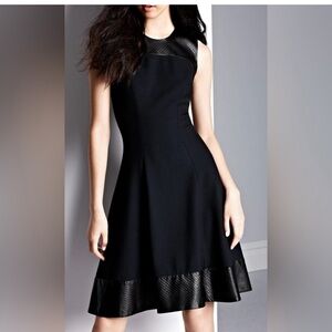 L'AGENCE Black genuine Lambskin leather trim Midi Dress